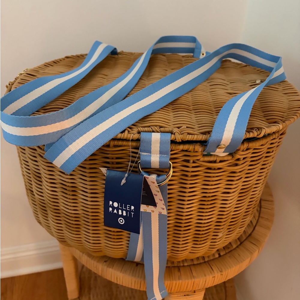 Roller Rabbit Blue & White Woven Tote with Striped Strap